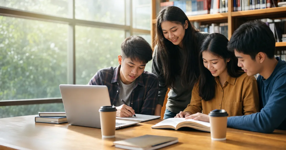 Siswa Indonesia sedang belajar dan menulis di dalam kelas yang terang